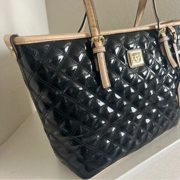 Anne Klein Quilted Patent Leather Shiny Black Tote Purse Shoulder Bag - Picture 3 of 14